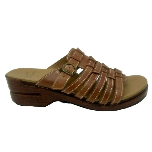 Dansko Marion Wedge Sandal Shoe Women 40 9.5-10 Brown Buckle Strappy Leather - Picture 2 of 11